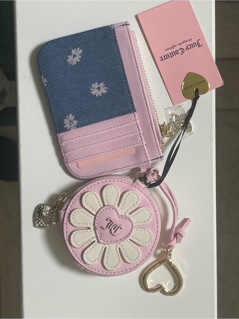 Juicy Couture Pink Daisy Cardholder with Denim Card Sleeve & Coin Pouch